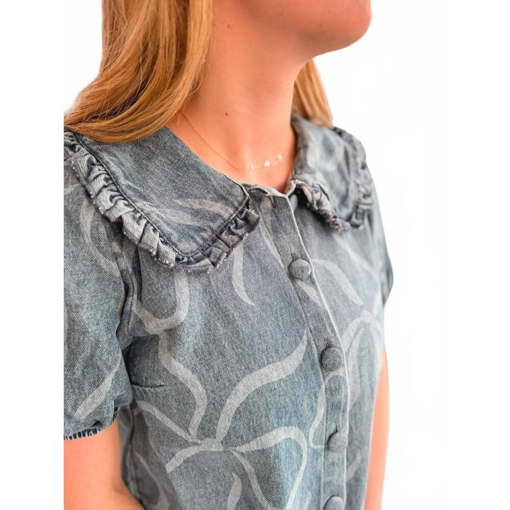 NEW BLU PEPPER corina bow pattern denim dress in blue - Picture 2 of 2